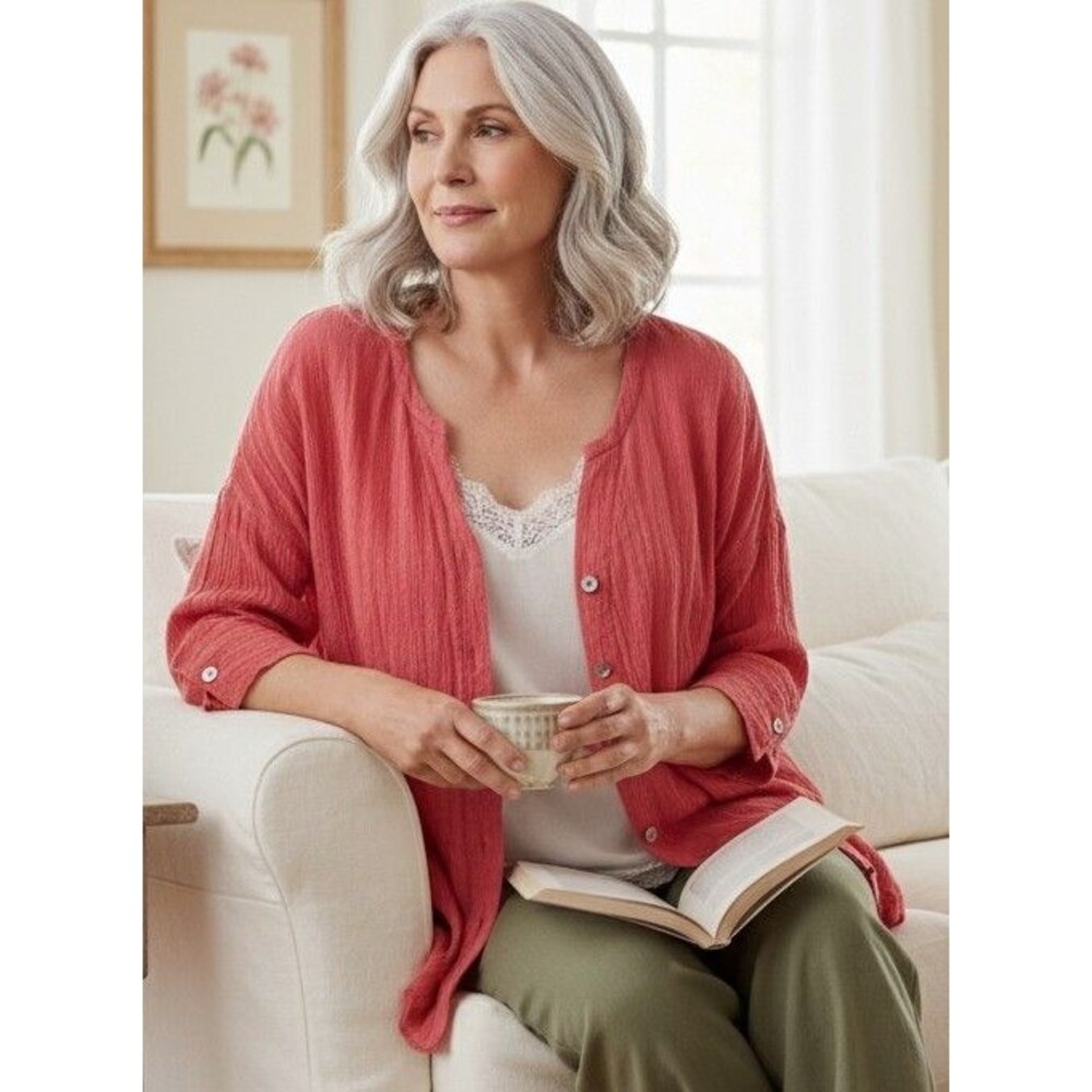 Soft Surroundings Medium Petite Hot Pink 3/4 Sleeve Button Down Linen Blend